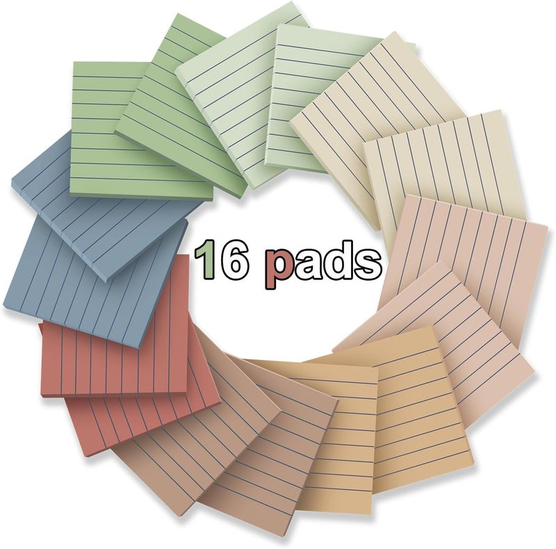 Kozerite (16 Pack) Lined Sticky Notes 3x3 in Ruled Stickies Super Sticking Power Memo Pads Vintage Colors - Image 2